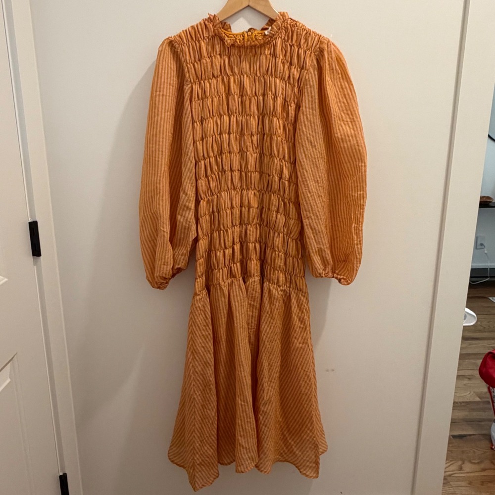 Just Me Orange Striped Smocked Midi Dress Long Balloon Sleeve Mock Neck Large